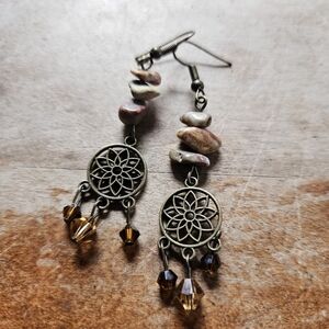 Last 2! Handmade Boho Dangle Earrings with Jasper Chips and Amber Glass Crystals